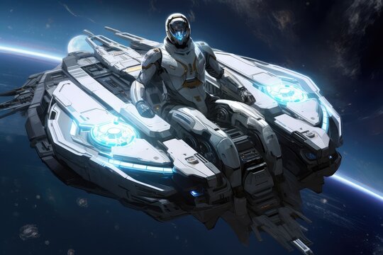  A seasoned scifi space explorer clad in an advanced, generative artificial intelligence