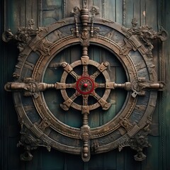 Fototapeta premium The sturdy and commanding helm of a pirate ship, steering the course for adventure. Generative AI