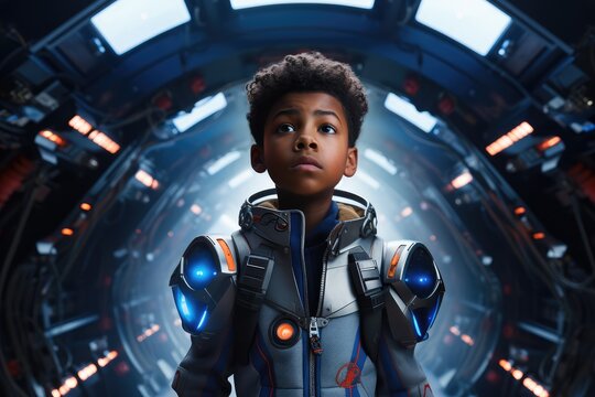  A seasoned scifi space explorer clad in an advanced, generative artificial intelligence