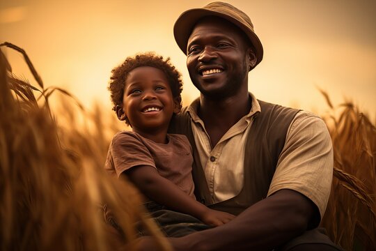 African American farmer with his son looking at camera and smiling. Family agribusiness.