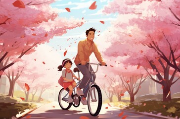  children riding bicycle in spring forest, generative artificial intelligence