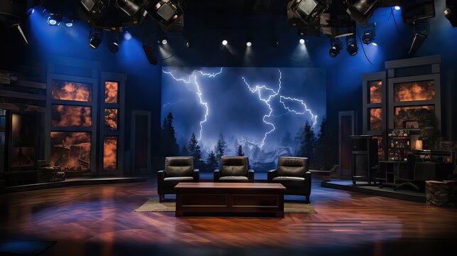An engaging television set filled with bright lights, captivating decorations, and exciting stage elements. Generative AI