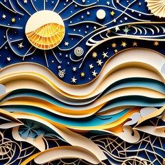 Cosmic wonder in Kirigami art: Stars, planets, and galaxies intricately crafted in a celestial-themed AI artwork.