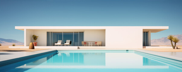 Fototapeta na wymiar Modern clean minimalistic house with swimming pool and blue sky in summer day. Vacation best property.