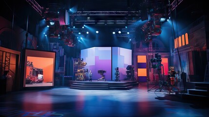 An engaging television set filled with bright lights, captivating decorations, and exciting stage elements. Generative AI