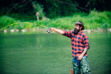Fisherman using rod flyfishing in mountain river. A fly fisherman fishing for wild trout on the...