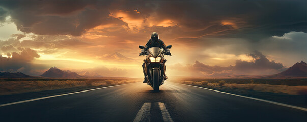Driver riding motocycle on empty road in sunset light.  Panorama photo.