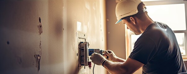 Electrician installing electrical box on wall in reconstructed house. - obrazy, fototapety, plakaty