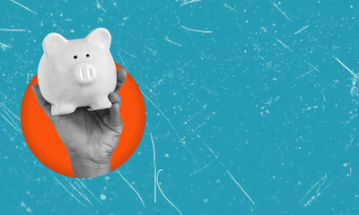Art collage, hand holding piggy bank on blue background with space for text.
