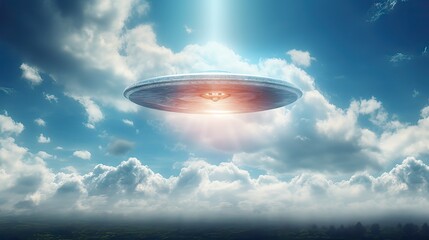Fototapeta na wymiar A gleaming flying saucer emerging from the clouds under a bright, sunny sky. Generative AI