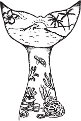 beach and underwater illustration in whale fin silhouette