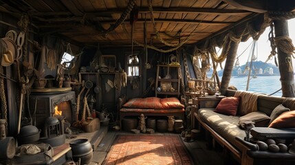 Fototapeta premium The rustic yet commanding cabin of a pirate ship's captain, filled with maritime intrigue. Generative AI