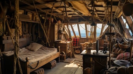 Fototapeta premium The rustic yet commanding cabin of a pirate ship's captain, filled with maritime intrigue. Generative AI