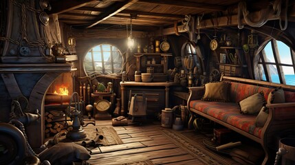 Fototapeta premium The rustic yet commanding cabin of a pirate ship's captain, filled with maritime intrigue. Generative AI