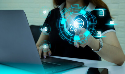 Woman's hand touching on Global Internet connection. Business global internet connection application technology and digital marketing, Digital link tech, big data.