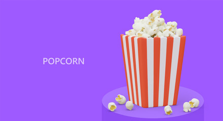 Large square striped popcorn bucket. Realistic illustration of movie snack in package. Template on violet background with text. Concept for fast food producers