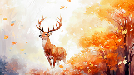 Watercolor autumn landscape with deer and falling leaves illustration. selective focus.