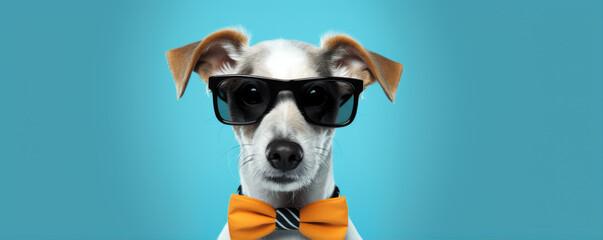 Smart or cool dog in glasses. Funny lovely pet concept. colorful vivid background,