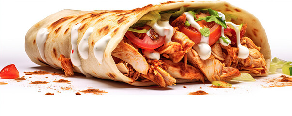 Shawarma sandwich gyro fresh roll chicken beef, grilled meat, mushrooms, cheese. Traditional Middle Eastern meal. wide banner