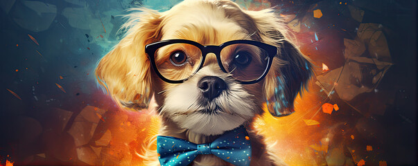 Smart or cool dog in glasses on yellow backgeound. Funny lovely pet concept. colorful vivid...