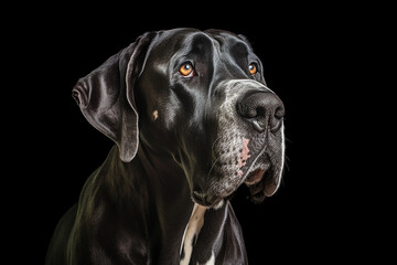 portrait of a great Dane dog with black background