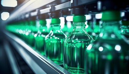 Line of Liquid Bottles Standing Behind a Machine - Industrial Manufacturing Concept, Generative AI