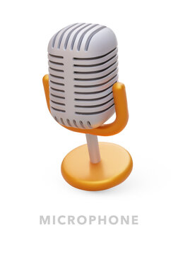 Metal retro microphone on white background. Realistic equipment for singers, radio presenters. Vintage karaoke mic on stand. Colored image in cartoon style