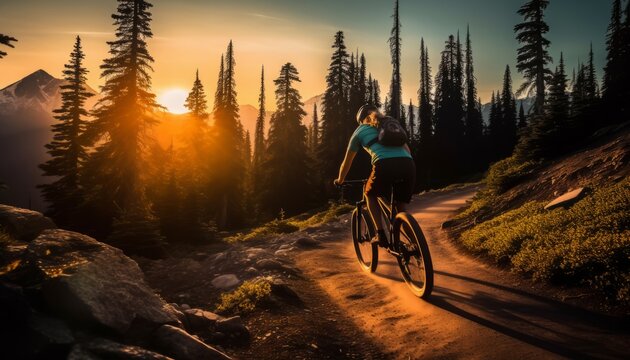 Adventurous Mountain Biking: Rider Conquering a Dirt Trail at Sunset, Generative AI