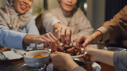Close-up dates fruit dish Eid Mubarak Muslim Asia family have Iftar dinner to break feast....