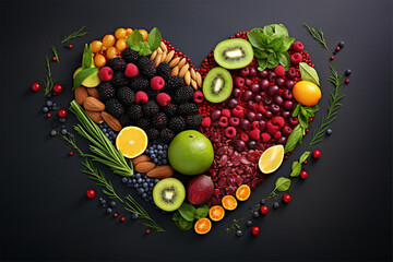 Heart shaped fruits and vegetables. Generative AI.