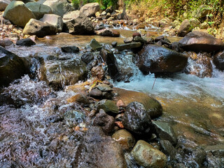 A view of the flowing river water and the abundance of rocks. The atmosphere is still natural with trees growing along the river path. Selective focus. 
