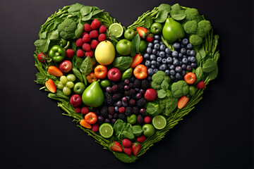 Heart shaped fruits and vegetables. Generative AI.