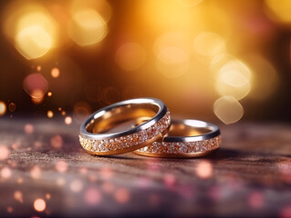 Obraz na płótnie Canvas Diamond Gold Silver wedding rings Bokeh Glitter background