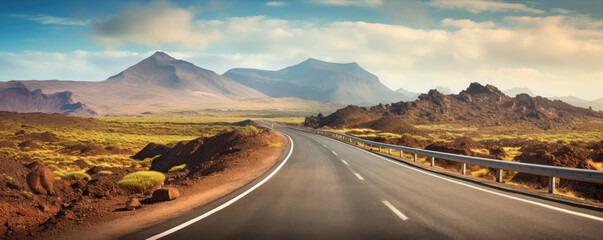 A long road leading towards to hight mountains. Journey concept, copy space for text. - obrazy, fototapety, plakaty