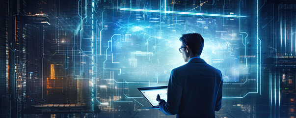 Bussiness man with futuristic digital tablet. Blue dark background