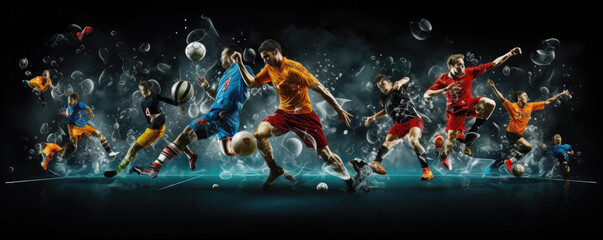 Multisport collage, footbal, boxing, voleyball soccer, baseball. copy space for text - obrazy, fototapety, plakaty