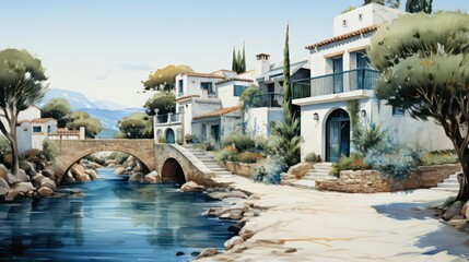 Fototapeta na wymiar Watercolor Mediterranean Landscapes
