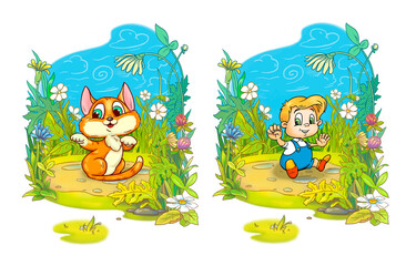 a boy, a cat, sitting in summer, in a meadow full of blooming flowers and plants under a blue sky