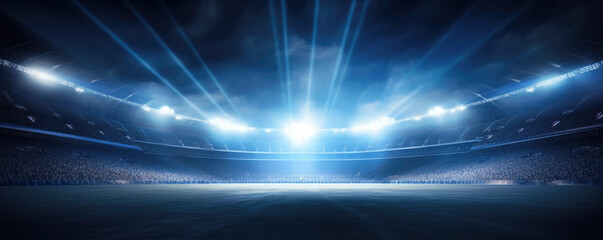 Sport football stadium ar arena in night with green grass, vivid spotlights , - obrazy, fototapety, plakaty