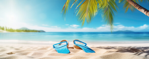 Summer holiday bacground with flip flops on sunny beach and green plams, copy space for text.