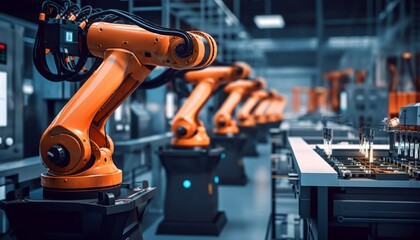 Fototapeta premium Automated Robots in a Factory: Efficient and Precise Manufacturing Process, Generative AI