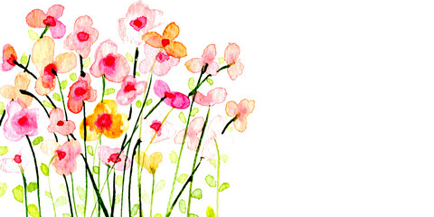 Banner con allegri fiorellini colorati , bouquet di fiori di campo, acquerello isolato su sfondo bianco