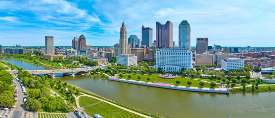 Panorama both sides of Scioto river next to heart of downtown Columbus Ohio aerial