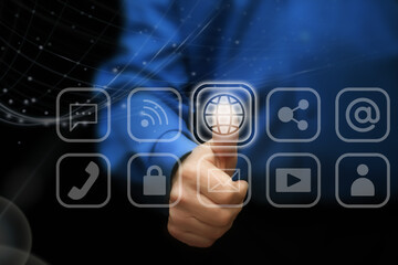 Man touches the icons of cloud technology data storage, network, wi-fi, mobile internet, social networks,  cloud storage, multimedia services and so on. Mobile global  communication network concept