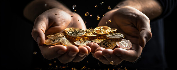 Bitcoin gold coins in hands with black background. wide banner - Powered by Adobe