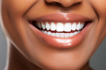 Close up of black woman perfect white theeth smile, dentist clinic advertisement
