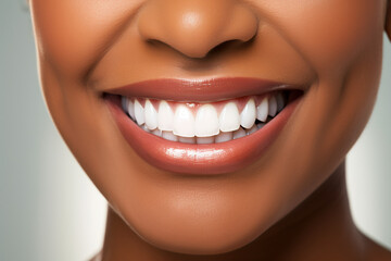 Close up of black woman perfect white theeth smile, dentist clinic advertisement