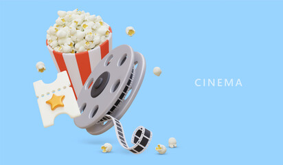 Cinema advertising poster. Screening of retro films. Unique event. Cinema festival, movie night, premiere. Template with vintage reel, popcorn bucket, ticket