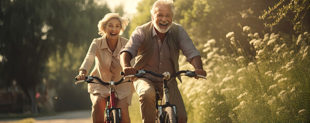 Happy older couple cycling or ride at par and smile - obrazy, fototapety, plakaty