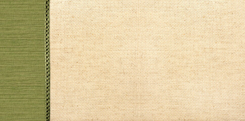 Fototapeta premium Horizontal or vertical background with beige and green canvas texture. Natural linen texture backdrop